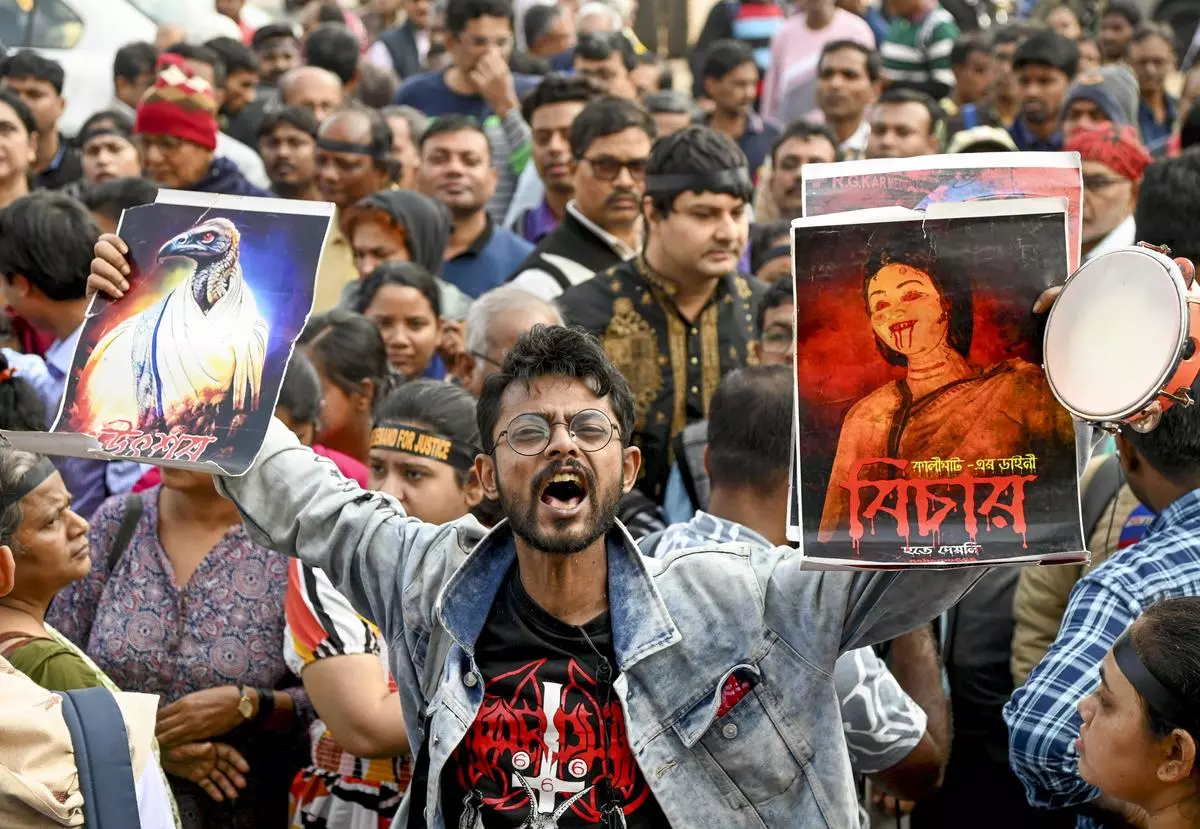 Protests as Sanjay Roy, accused in the R.G. Kar rape and murder case, is produced at a court in Kolkata on the day of the verdict on January 18, 2025. 