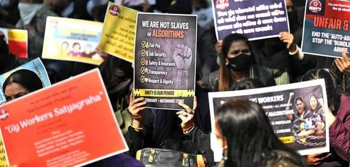 Gig and Platform Service Workers Union members hold a protest, at Jantar Mantar in New Delhi on February 3, 2026. The 10-minute delivery promise rests on the assumption that workers are endlessly replaceable.
