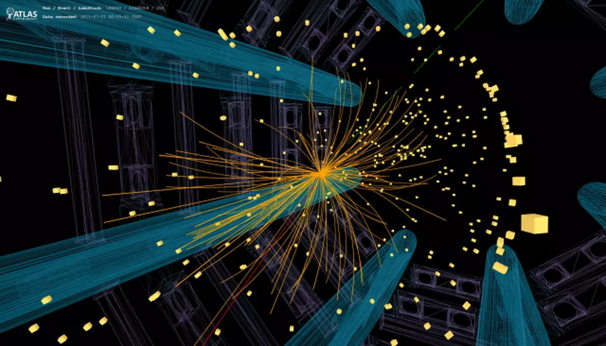 A view of an ATLAS collision event in which a candidate W boson decays into a muon and a neutrino. The reconstructed tracks of the charged particles in the inner part of the ATLAS detector are shown as orange lines. The energy deposits in the detector’s calorimeters are shown as yellow boxes. The identified muon is shown as a red line.