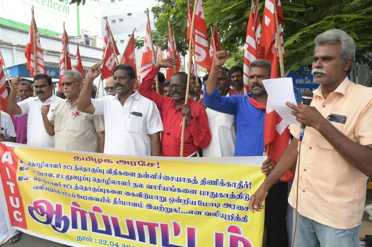 
At a rally in Erode, Tamil Nadu, on April 22, 2022, members of the AITUC Erode District Committee urging the Central government to repeal the four labour codes.