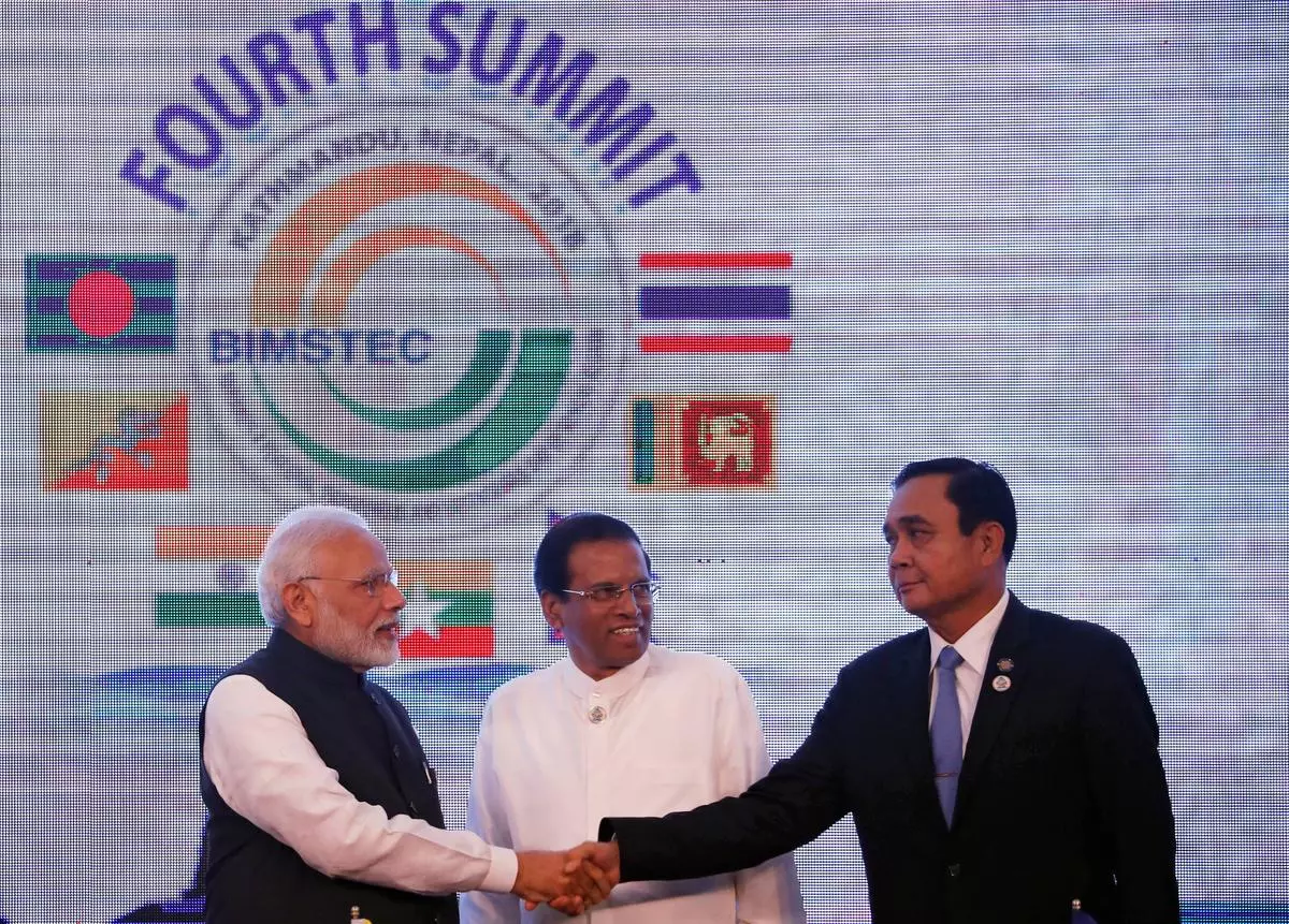 Prime Minister Narendra Modi with his Thai counterpart Prayut Chan-o-cha and Sri Lankan President Maithripala Sirisena during the BIMSTEC summit in Kathmandu, in August 2018.