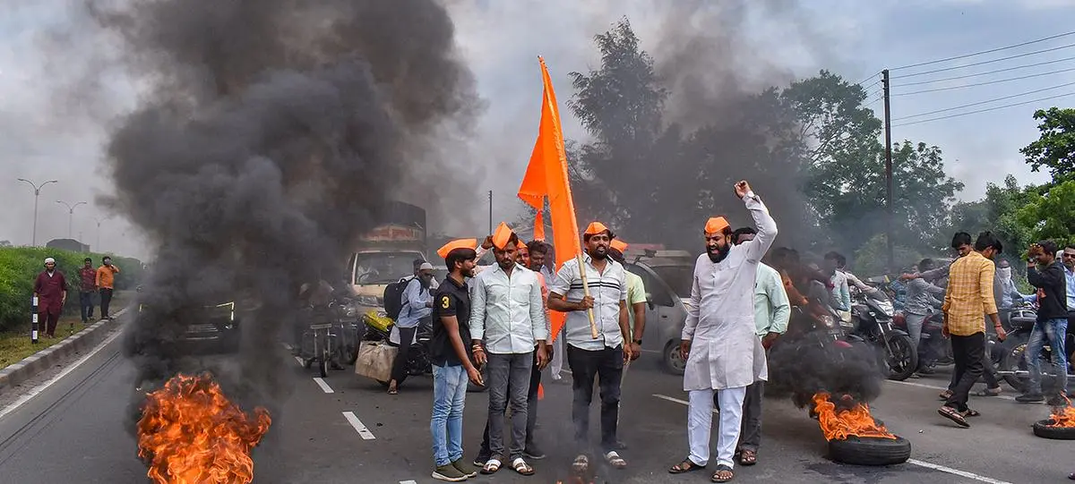 Maratha Kranti Morcha members protest police lathicharge against reservation seekers, on the Pune-Solapur highway on September 6, 2023. The government’s mishandling of the Maratha reservation issue cost it dear during the Lok Sabha election.