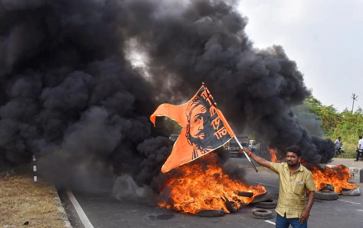 During a protest on the Pune-Solapur Highway in connection with Maratha reservation, in Solapur on November 1, 2023. The State government’s inept handling of the sensitive issue made it worse. During a protest on the Pune-Solapur Highway in connection with Maratha reservation, in Solapur on November 1, 2023. The State government’s inept handling of the sensitive issue made it worse.