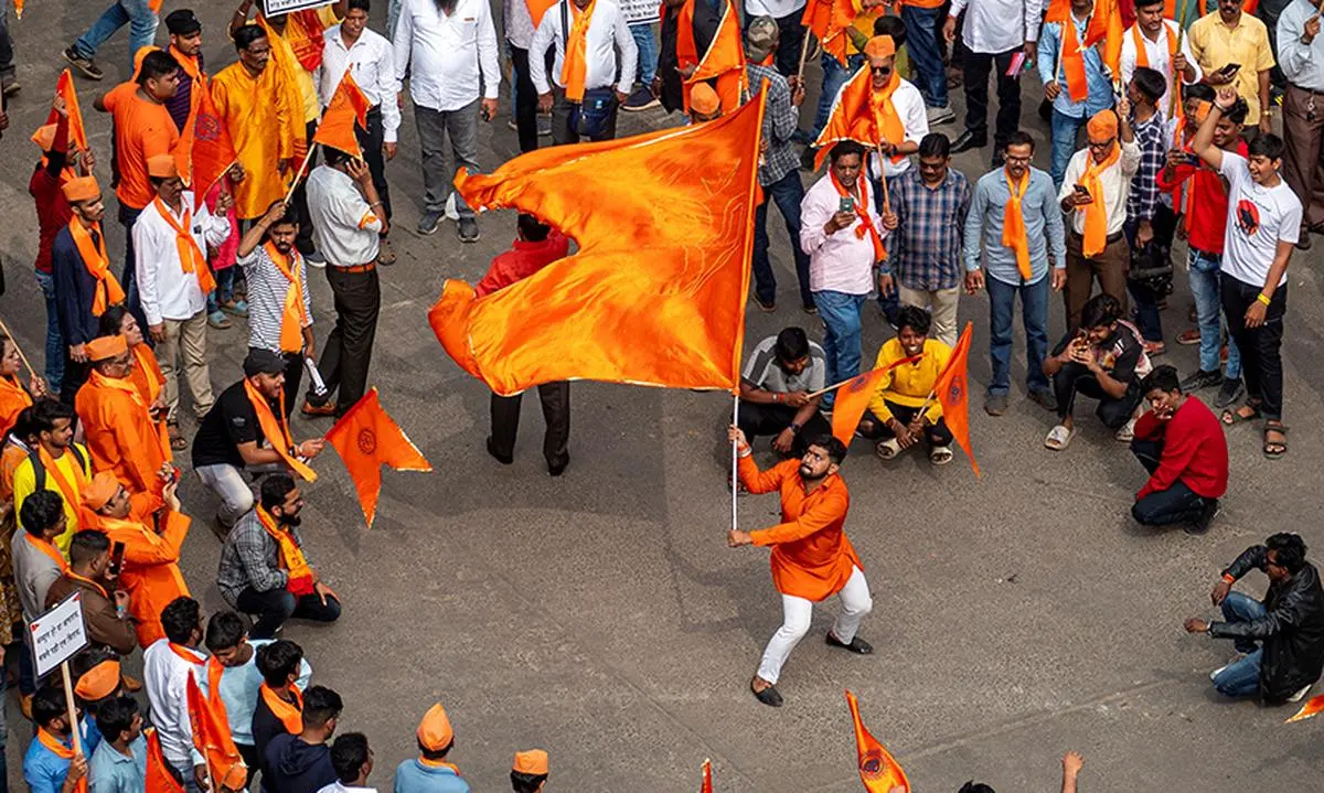 Members of Sakal Hindu Samaj protest against love jehad at Shivaji Park, Dadar, in January 2023.