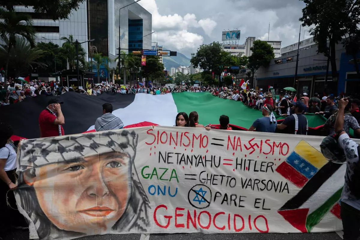 A demonstration against Israel’s military offensive in the Gaza Strip in front of the United Nations Development Programme office in Caracas, Venezuela, on October 21.