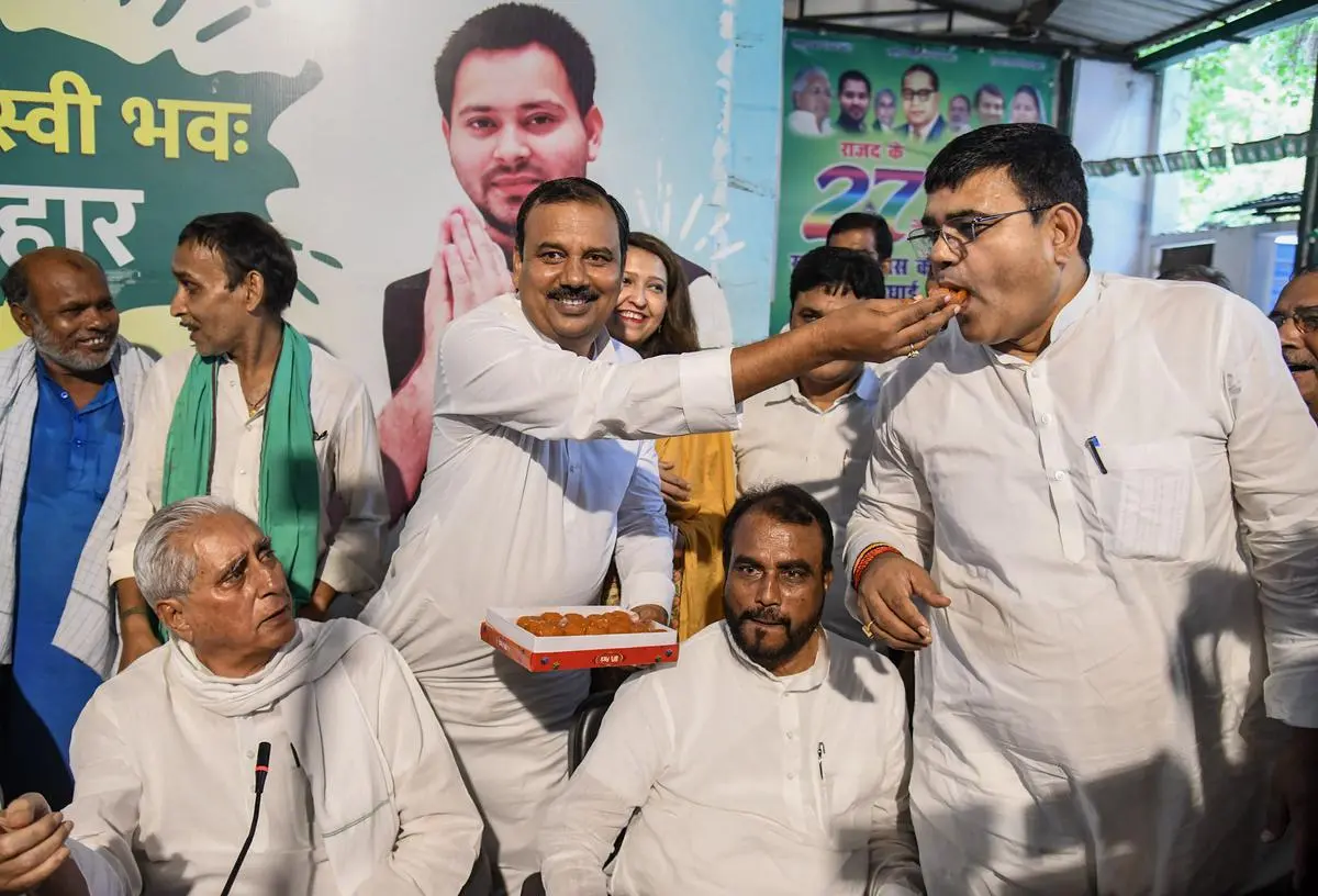RJD leaders celebrating the Patna High Court’s decision rejecting the petitions against the Bihar government’s caste-based survey, in Patna on August 1. RJD leaders celebrating the Patna High Court’s decision rejecting the petitions against the Bihar government’s caste-based survey, in Patna on August 1.