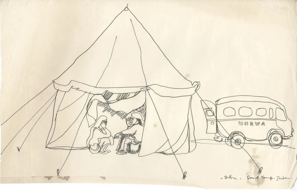 A Palestine refugee camp. Abu’s meticulous drawings of men, women, and children when he visited Palestine in 1967 is a testimony to their displacement, hardships in the camps, and the poignancy of exile.  