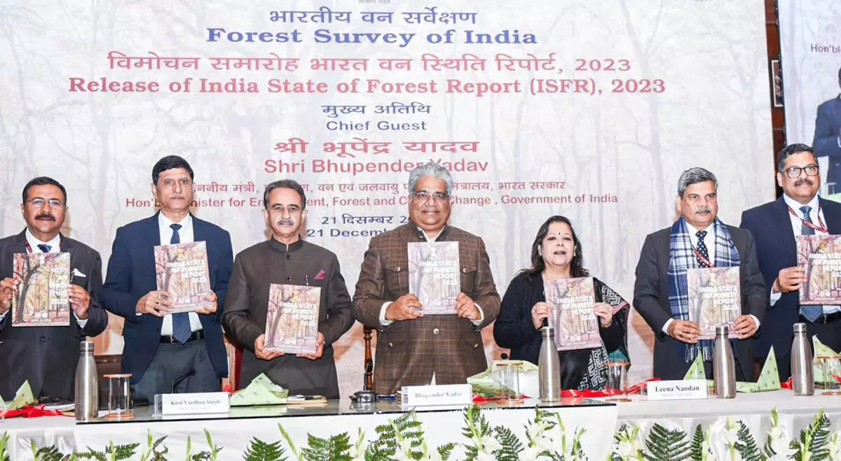 Union Minister for Environment, Forest & Climate Change Bhupender Yadav during the launch of the India State of Forest Report (ISFR) 2023, in Dehradun on December 22, 2024.