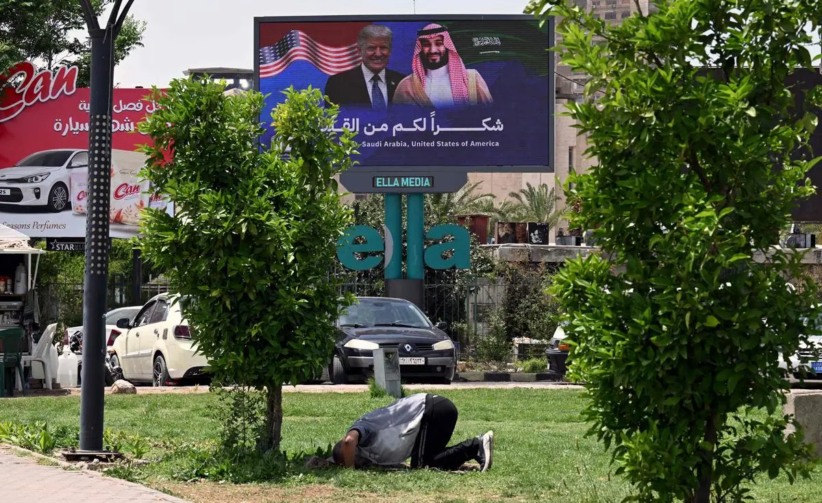 The Damascus sign displays Saudi Crown Prince Mohammed bin Salman and US President Donald Trump, who thanked Saudi Arabia and the United States on May 14, 2025. The Damascus sign displays Saudi Crown Prince Mohammed bin Salman and US President Donald Trump, who thanked Saudi Arabia and the United States on May 14, 2025.