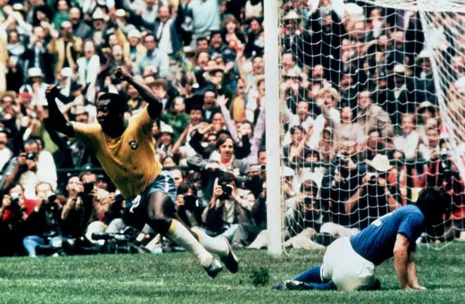Pele turns to celebrate after scoring the opening goal in the 18th minute of the 1970 World Cup final against Italy in Mexico. Brazil went on to win the match 4-1. Pele turns to celebrate after scoring the opening goal in the 18th minute of the 1970 World Cup final against Italy in Mexico. Brazil went on to win the match 4-1.