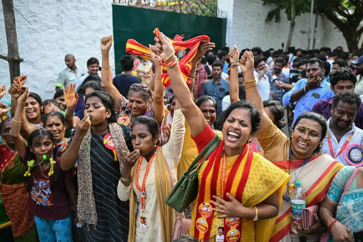 TVK supporters celebrate after the party began leading in the Tamil Nadu Legislative Assembly election, in Chennai, on May 4.