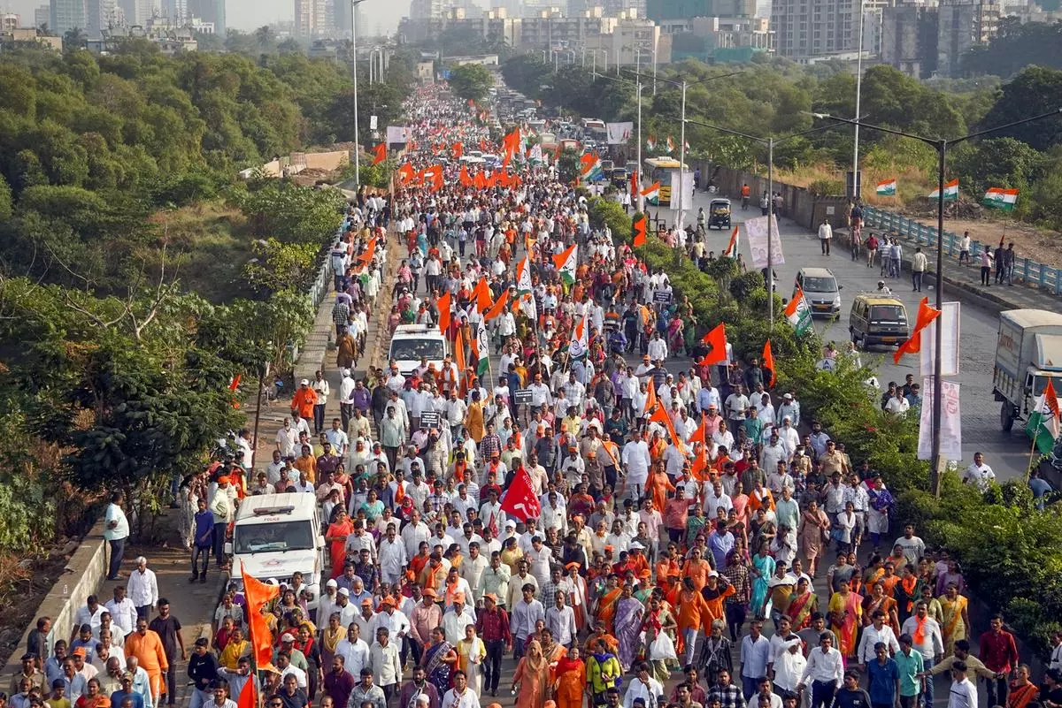 Shiv Sena (UBT) supporters took out a huge rally against the Adani Group, in relation to the Dharavi project, in Mumbai on December 16, 2023.