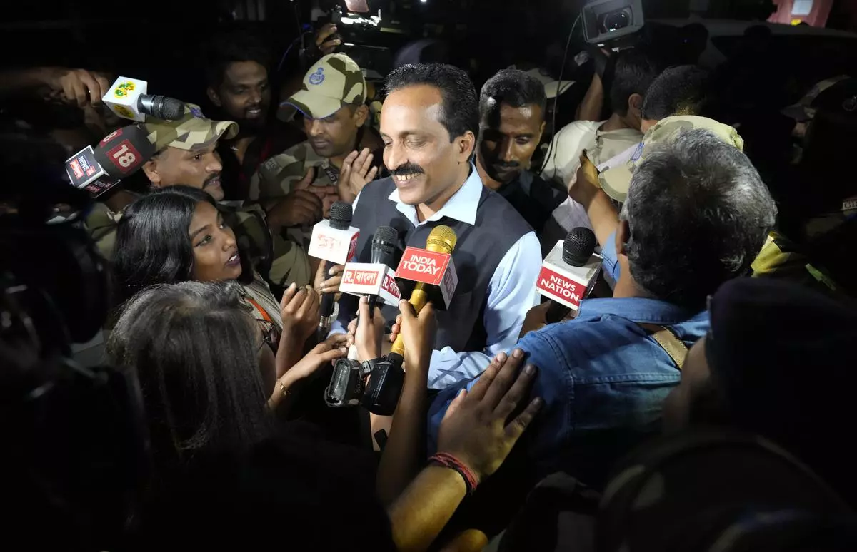 ISRO Chairman S. Somanath speaks to mediapersons after the success of the Chandrayaan-3 moon mission, at the ISTRAC facility in Bengaluru on August 23. 