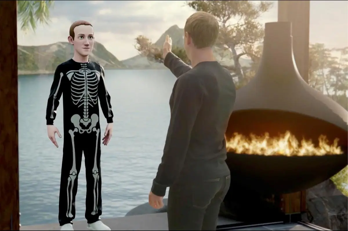 Mark Zuckerberg speaks to an avatar of himself in the “Metaverse” during a live-streamed virtual and augmented reality conference to announce the rebranding of Facebook as Meta, in this screen grab taken from a video released on October 28, 2021. 
