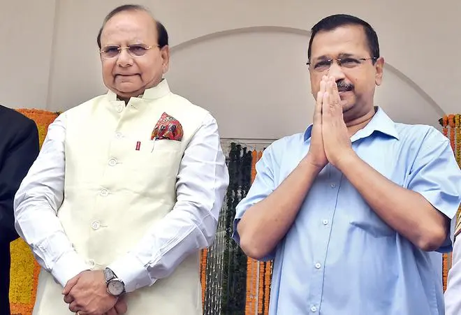 Lieutenant Governor of Delhi Vinai Kumar Saxena with Delhi Chief Minister Arvind Kejriwal in May 2022. Lieutenant Governor of Delhi Vinai Kumar Saxena with Delhi Chief Minister Arvind Kejriwal in May 2022.