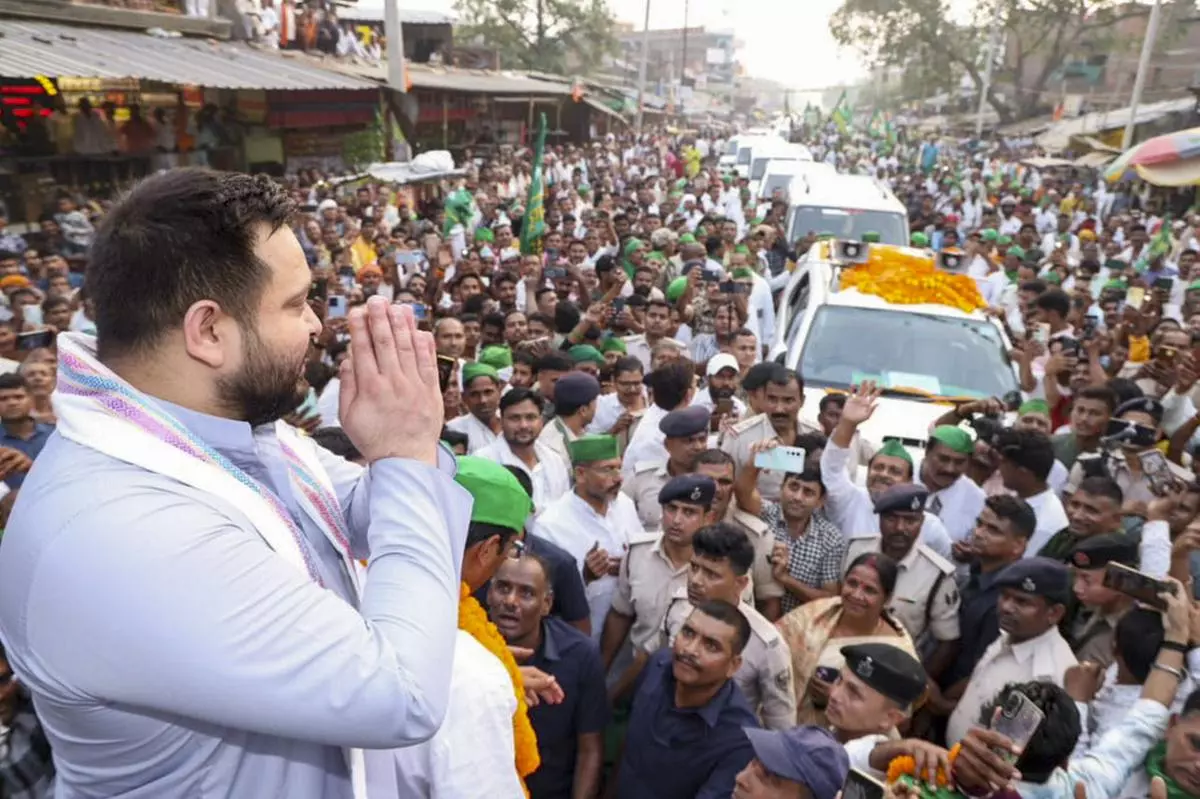 RJD leader Tejashwi Yadav at an election meeting in Bihar’s Ramgarh Assembly constituency on November 4. 