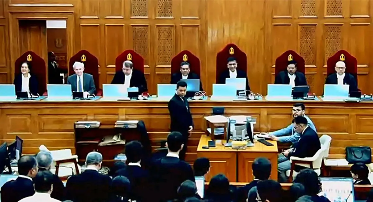 The Chief Justice of India, D.Y. Chandrachud, and the bench of senior judges hear the case on the State Bank of India’s electoral bonds on March 15, 2024, in New Delhi.