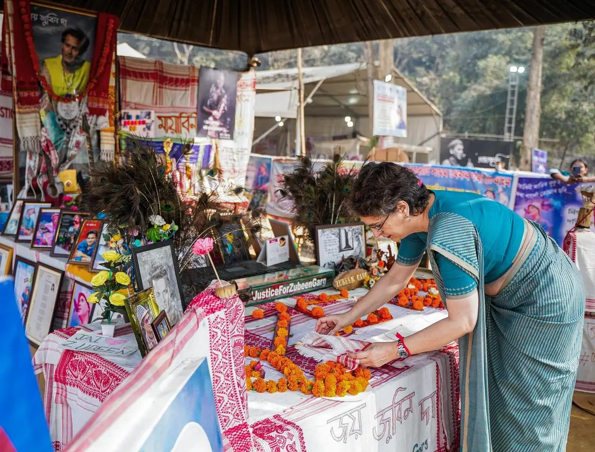Priyanka Gandhi Vadra visits Zubeen Khetra to pay tribute to the late singer Zubeen Garg, in Sonapur, on February 20.