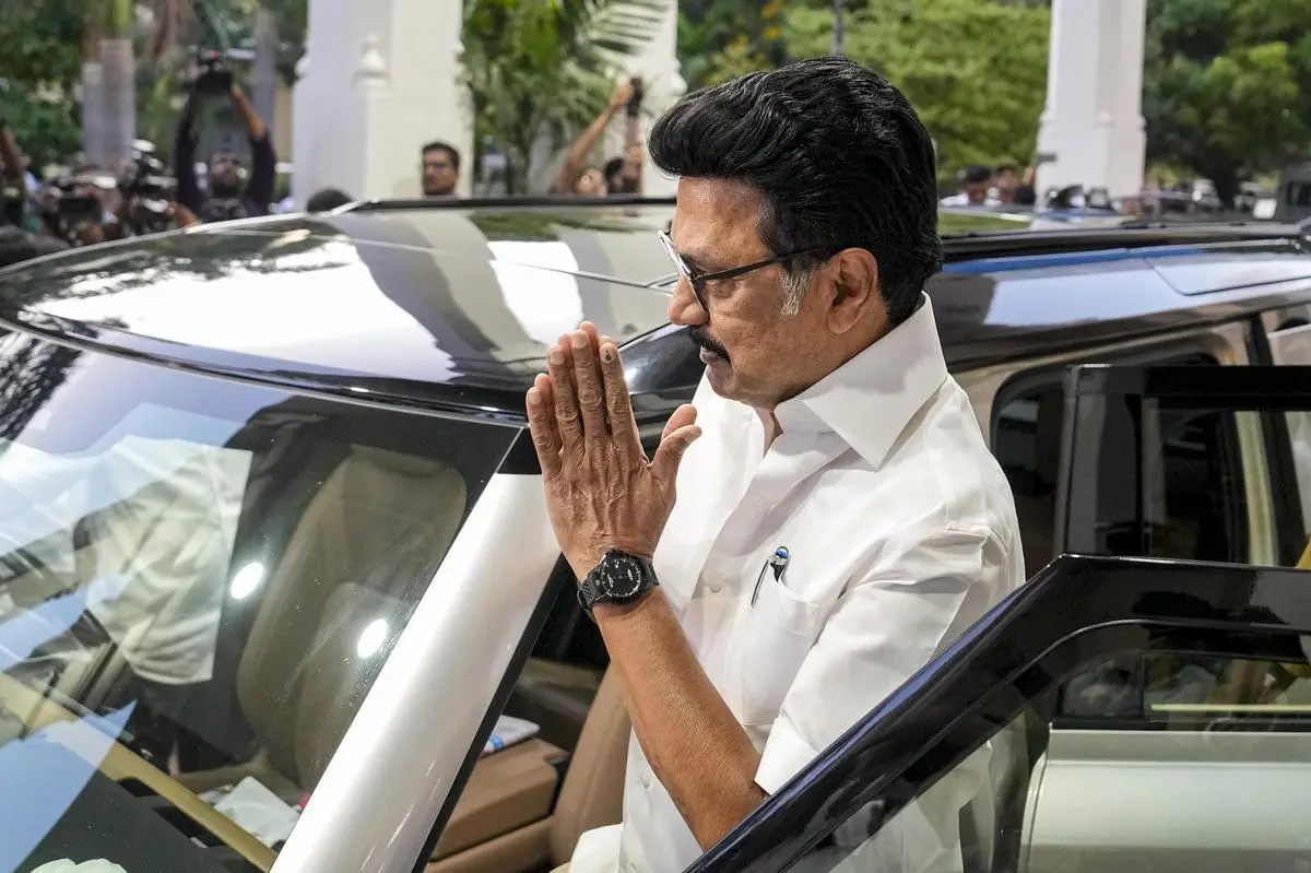 DMK leader and outgoing Chief Minister M.K. Stalin after attending a meeting of the party’s newly elected MLAs, at the party headquarters in Chennai on May 7.