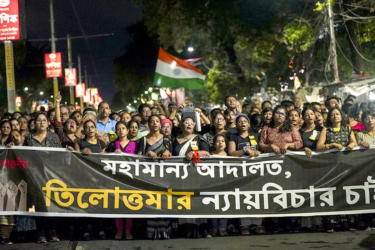 A protest march over the alleged sexual assault and murder of a trainee doctor, in Kolkata, September 8, 2024. 