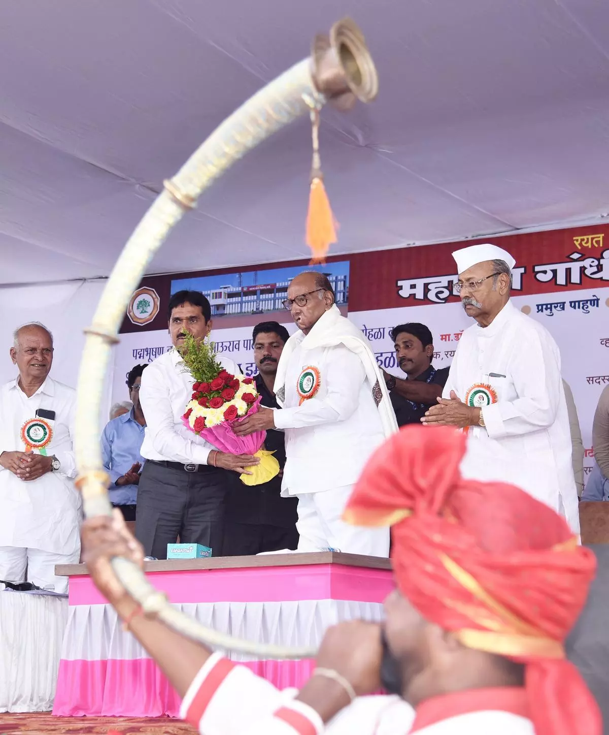 NCP (SP) chief Sharad Pawar being felicitated during the inauguration of a new building of Mahatma Gandhi Vidyalaya, at Kale village in Karad on September 22. 