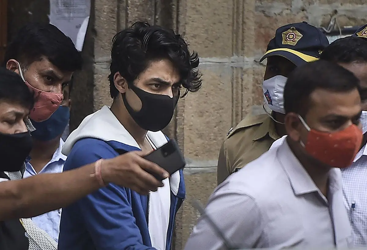 The film star Shah Rukh Khan’s son Aryan Khan being taken to Arthur Road jail from the Narcotics Control Bureau (NCB) office after he was arrested in connection with the seizure of banned drugs from a cruise ship, in Mumbai on October 8, 2021. The NCB later cleared his name, saying no drugs had been found on him. 
