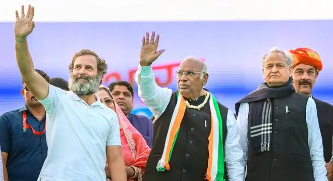 Congress leader Rahul Gandhi (left) with party president Mallikarjun Kharge and Rajasthan Chief Minister Ashok Gehlot at a public meeting during the Bharat Jodo Yatra, in Alwar, Rajasthan, on December 19. Congress leader Rahul Gandhi (left) with party president Mallikarjun Kharge and Rajasthan Chief Minister Ashok Gehlot at a public meeting during the Bharat Jodo Yatra, in Alwar, Rajasthan, on December 19.