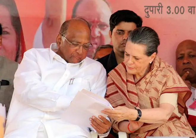 Sonia Gandhi with NCP leader Sharad Pawar at an election rally in Bhandara, Maharashtra, in April 2014. The NCP’s ideological commonality with the Congress meant that the two successfully formed alliance governments in 1999, 2004 and 2009. Sonia Gandhi with NCP leader Sharad Pawar at an election rally in Bhandara, Maharashtra, in April 2014. The NCP’s ideological commonality with the Congress meant that the two successfully formed alliance governments in 1999, 2004 and 2009.