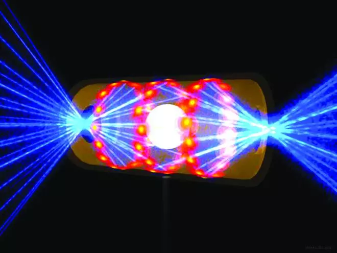 The NIF uses the largest laser in the world to heat and compress a small capsule containing hydrogen fuel and thereby induce nuclear fusion reactions in the fuel. Here, an artist’s rendering of laser beams entering the capsule through openings on either end.