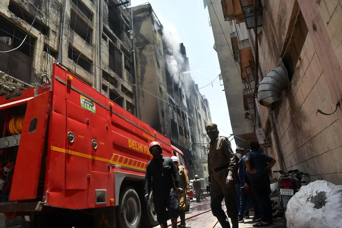 At the scene of a major fire that broke out in a shoe factory in Delhi’s Keshav Puram on May 26, 2020. The new Labour Codes provide loopholes for owners to evade responsibility for worker safety and security. 