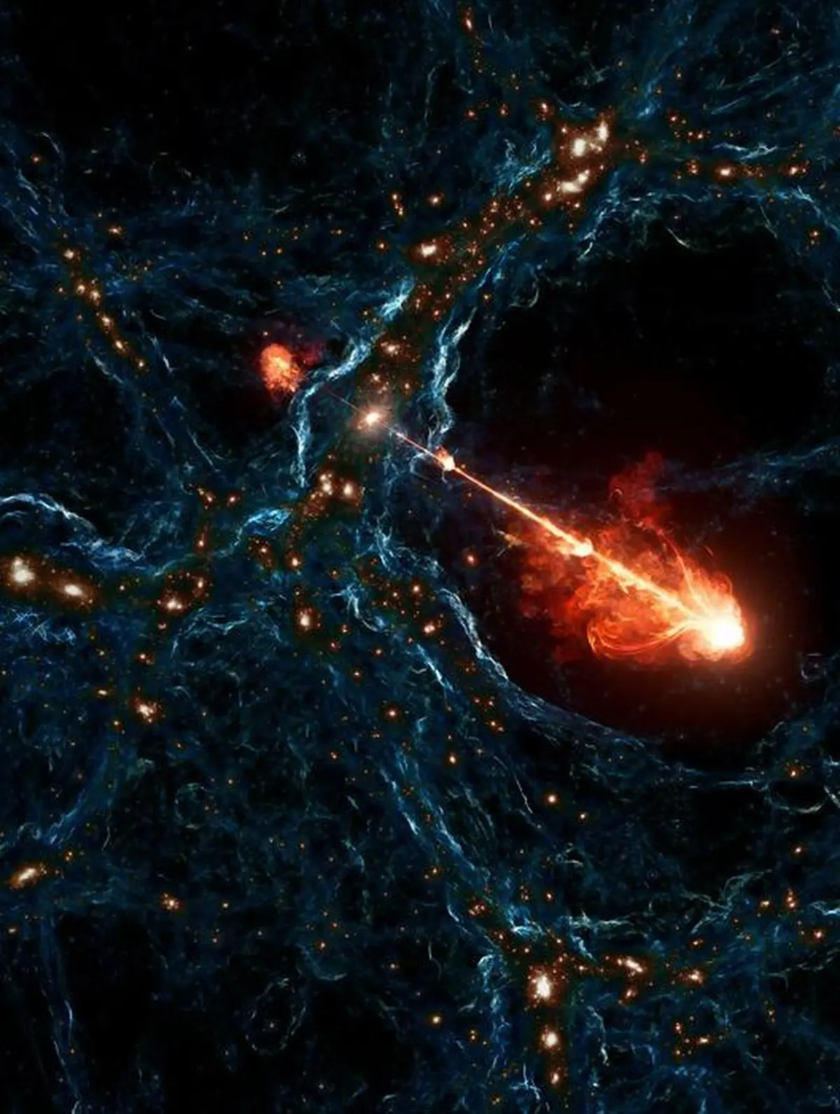 An artist’s illustration of the longest black hole jet system ever observed.