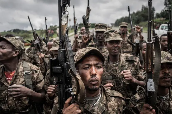 Some soldiers of the Ethiopian National Defence Forces after finishing their training in the field of Dabat, 70 kilometres north-east of the city of Gondar, Ethiopia, on September 14, 2021. The 2022 ceasefire agreement came in the wake of recent victories of the Ethiopian army on the battlefield. Some soldiers of the Ethiopian National Defence Forces after finishing their training in the field of Dabat, 70 kilometres north-east of the city of Gondar, Ethiopia, on September 14, 2021. The 2022 ceasefire agreement came in the wake of recent victories of the Ethiopian army on the battlefield.