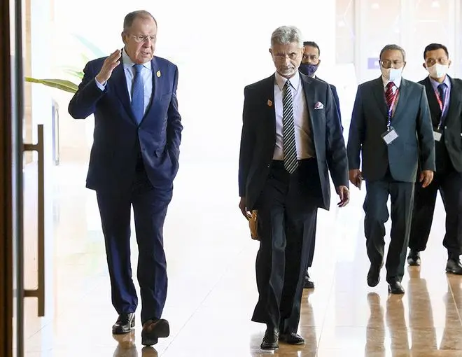 Russian Foreign Minister Sergey Lavrov with External Affairs Minister S. Jaishankar in Nusa Dua, Bali, Indonesia, where they held a bilateral meeting ahead of the G20 Foreign Ministers’ Meeting, on July 8, 2022. Russian Foreign Minister Sergey Lavrov with External Affairs Minister S. Jaishankar in Nusa Dua, Bali, Indonesia, where they held a bilateral meeting ahead of the G20 Foreign Ministers’ Meeting, on July 8, 2022.