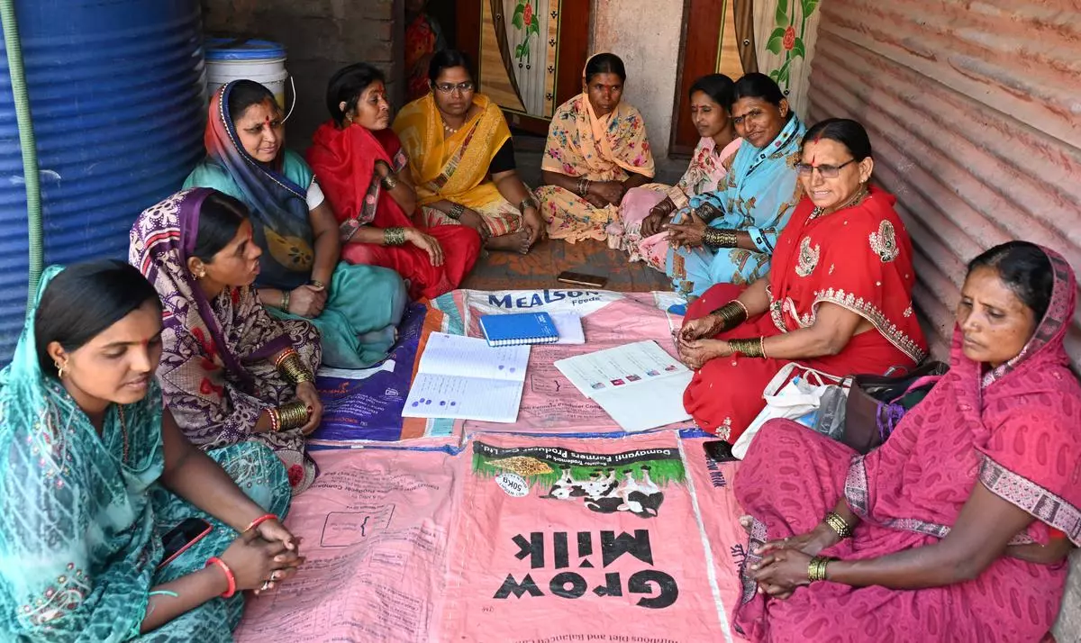 The Ladki Bahin scheme is aimed at 2.5 crore beneficiaries between the ages of 21 and 65, who will get a monthly payment of Rs.1,500 into their accounts. In the picture, a meeting of a women’s self-help group.