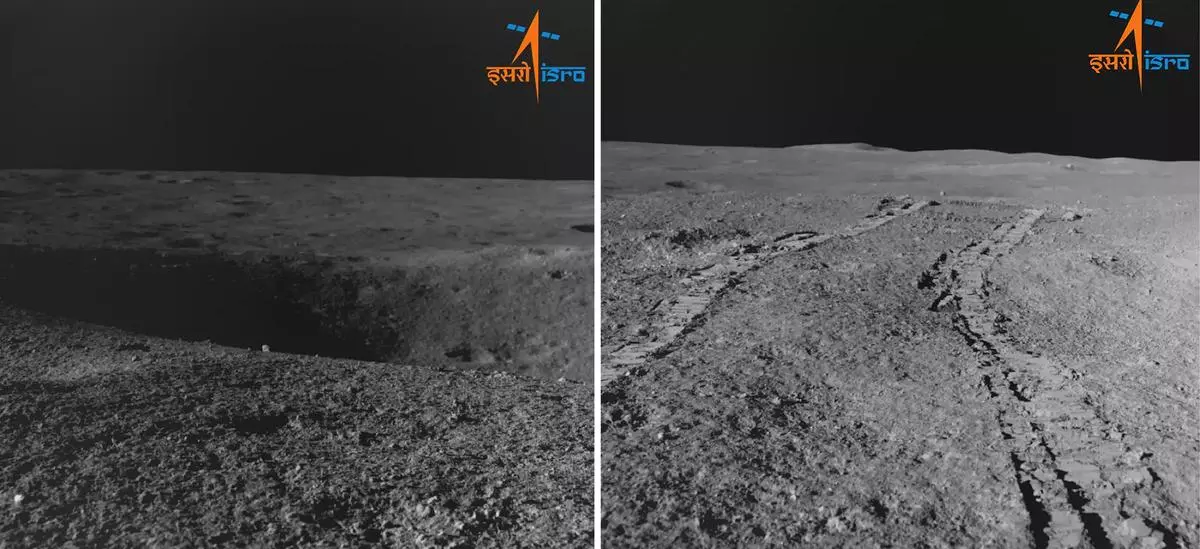 (Left) A crater that the Pragyan rover encountered on August 27 and (right) the path retraced by it on the lunar surface, as seen by the navigation camera on board. 