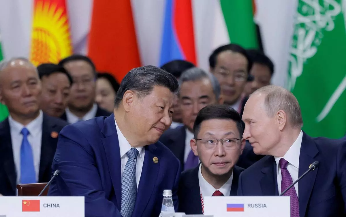 Russian President Vladimir Putin and Chinese President Xi Jinping at a plenary session in the BRICS summit in Kazan, Russia, on October 24, 2024. 