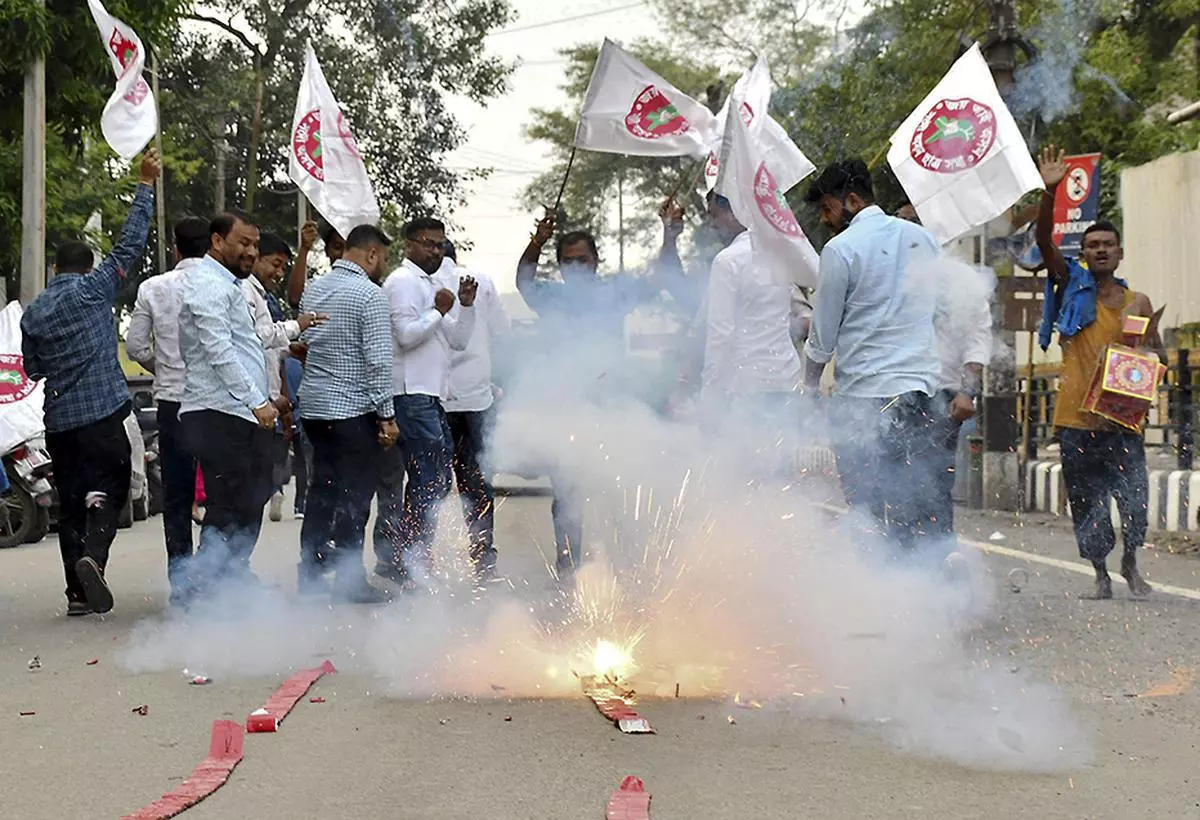 Members of the All Assam Students Union celebrate the Supreme Court judgment upholding the validity of Section 6A of the Citizenship Act, on October 17 in Guwahati.  