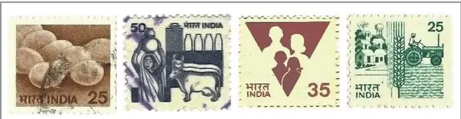 When Indira Gandhi was Prime Minister, the new normal was a growing number of commemorative stamps dominated by personalities, a limited definitive series with greater emphasis on family planning and agriculture, and a special definitive series on personalities. Here (from left), Poultry (1982), Dairy (1982), Family Welfare (Special Definitive, 1987), and Agriculture & Rural Development (1985). When Indira Gandhi was Prime Minister, the new normal was a growing number of commemorative stamps dominated by personalities, a limited definitive series with greater emphasis on family planning and agriculture, and a special definitive series on personalities. Here (from left), Poultry (1982), Dairy (1982), Family Welfare (Special Definitive, 1987), and Agriculture & Rural Development (1985).