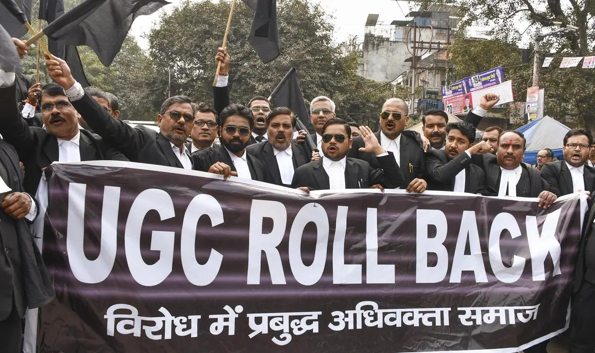 Advocates of the Allahabad High Court protest against the new UGC regulations, in Prayagraj on January 29.