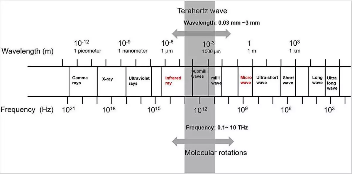 The electromagnetic spectrum showing the THz region. 