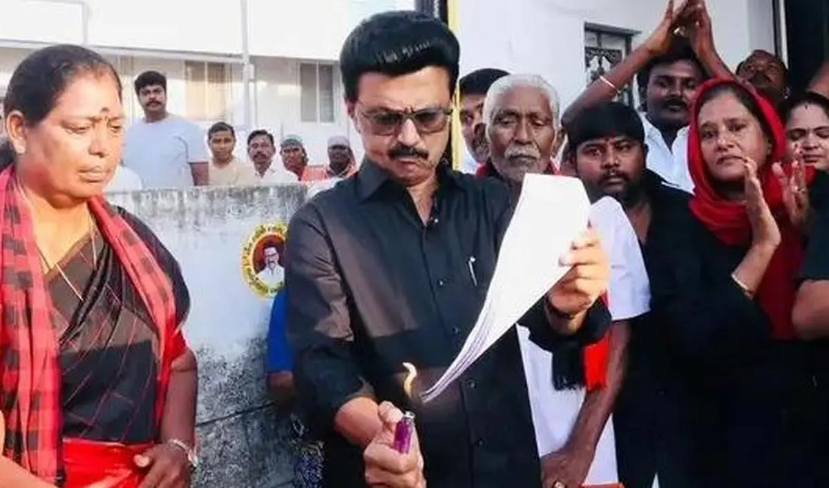 DMK president M.K. Stalin burns a copy of the Delimitation Bill while staging a protest in Namakkal, Tamil Nadu on April 16, 2026.