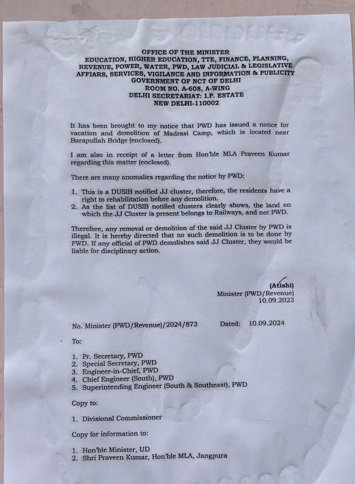A notification from the PWD Minister’s office states that Madrasi Camp dwellers have the right to rehabilitation before any demolition. A notification from the PWD Minister’s office states that Madrasi Camp dwellers have the right to rehabilitation before any demolition.