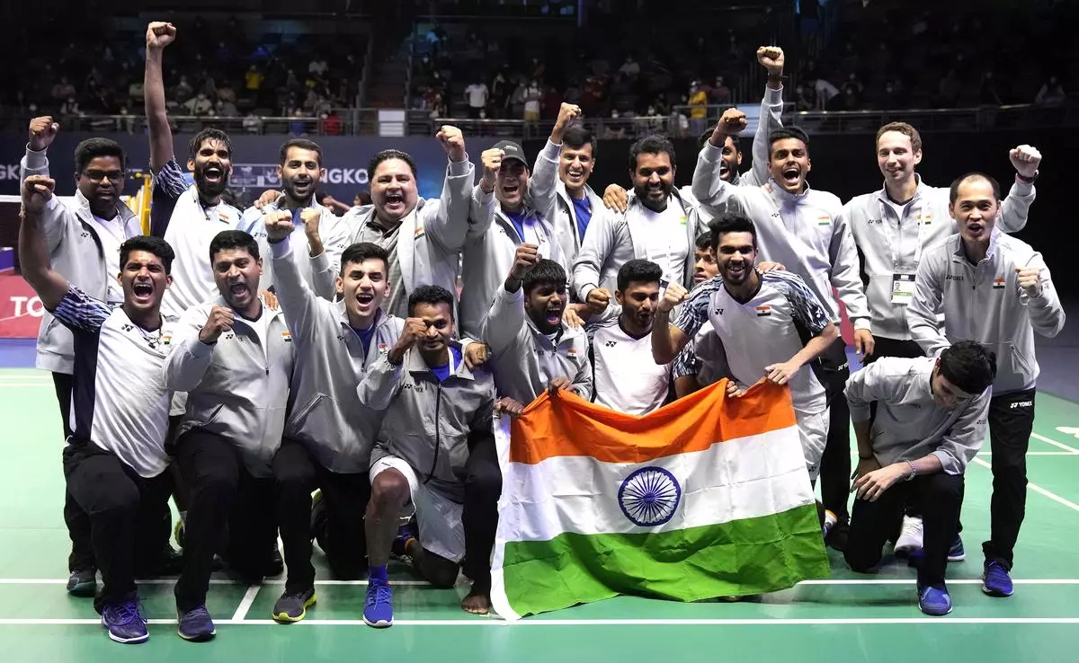 India’s team members after winning the Thomas Cup title in Bangkok, Thailand, on May 15, 2022. India defeated Indonesia 3-0 in the final to clinch its first-ever Thomas Cup crown.