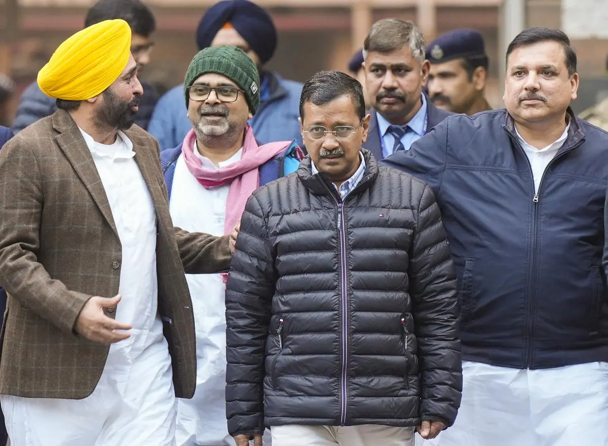 AAP’s electoral decline in Punjab became evident even before the Delhi debacle. Arvind Kejriwal and Bhagwant Mann (left), in New Delhi on January 13. 