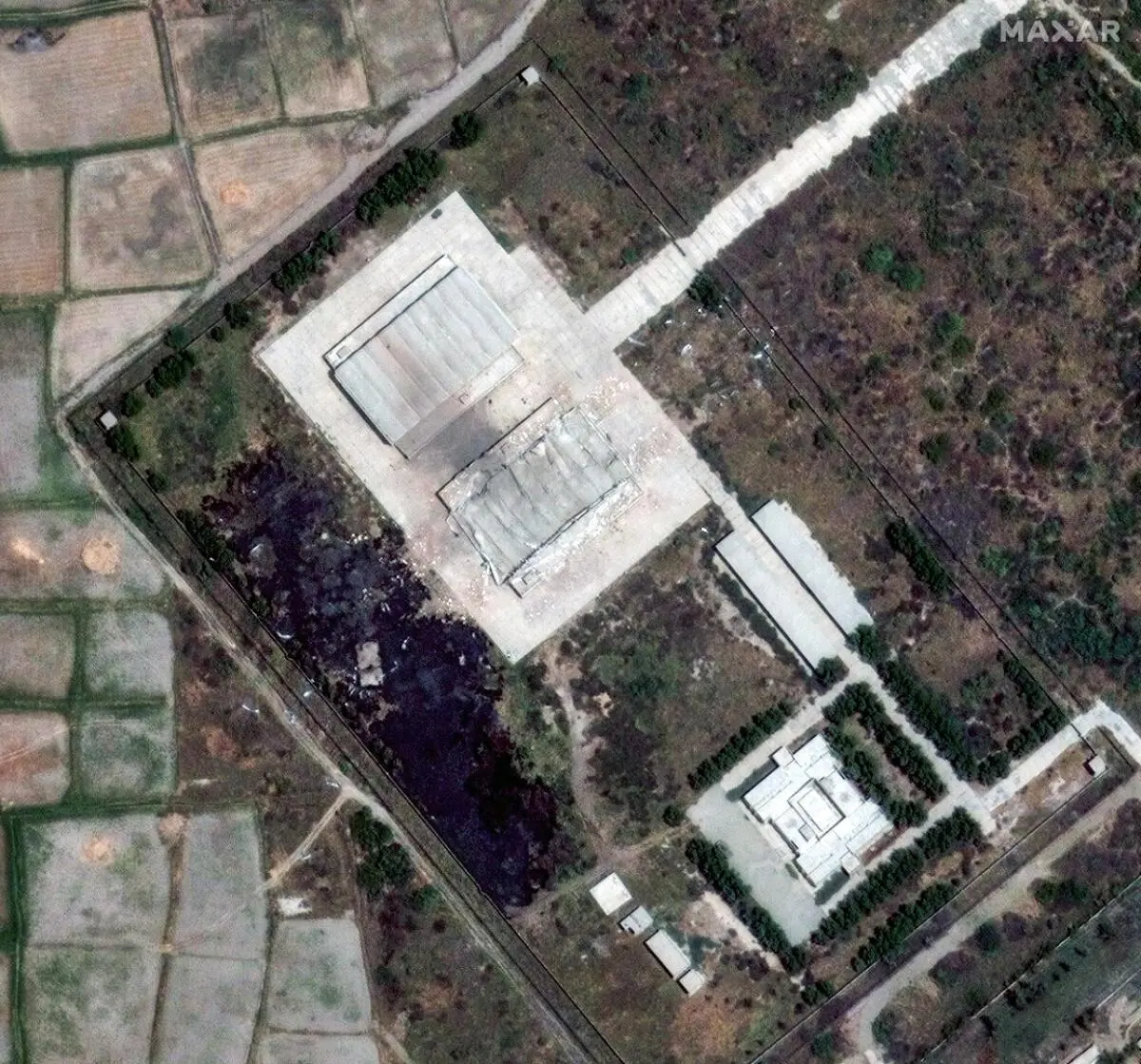 A satellite image shows a view of a damaged building following airstrikes in Sukkur, Pakistan, May 10, 2025. A satellite image shows a view of a damaged building following airstrikes in Sukkur, Pakistan, May 10, 2025.