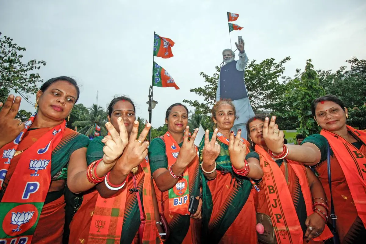 Odisha BJP supporters celebrate their party’s victory in the Assembly and Lok Sabha elections, in Bhubaneswar on June 4. The BJP’s sweep has strengthened the march of Hindutva in the State.