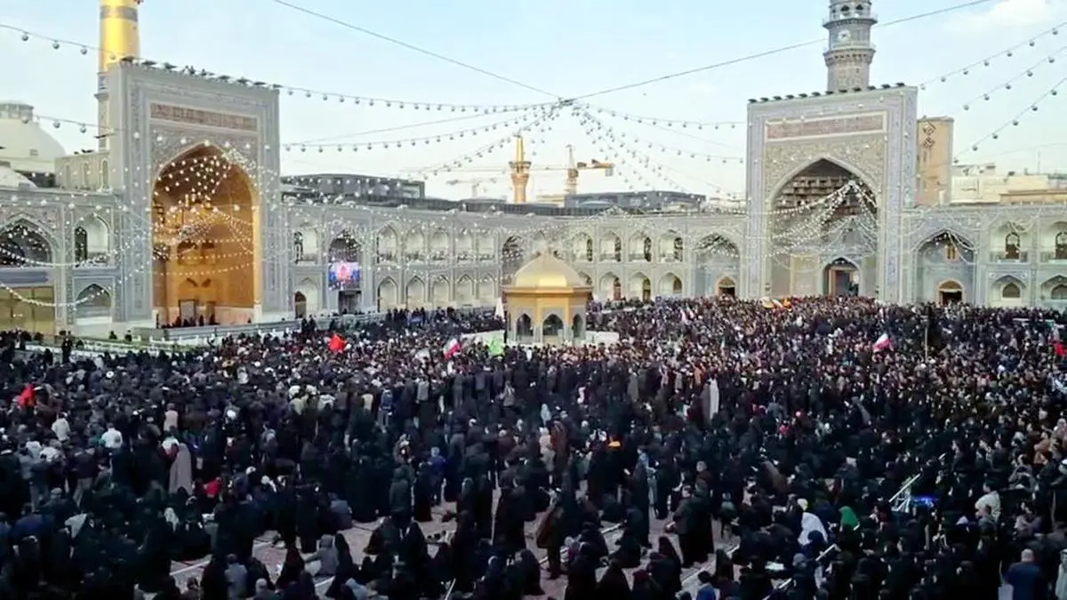 People gather at the shrine of Imam Reza to mourn the killing of Ayatollah Ali Khamenei, in Mashhad, Iran, on March 1, 2026.