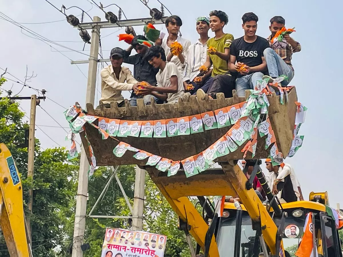 At an election campaign in Haryana’s Nuh district on September 24. That bulldozers are used in election campaigns shows the political triumphalism and majoritarianism that bulldozers have come to symbolise in recent years. 