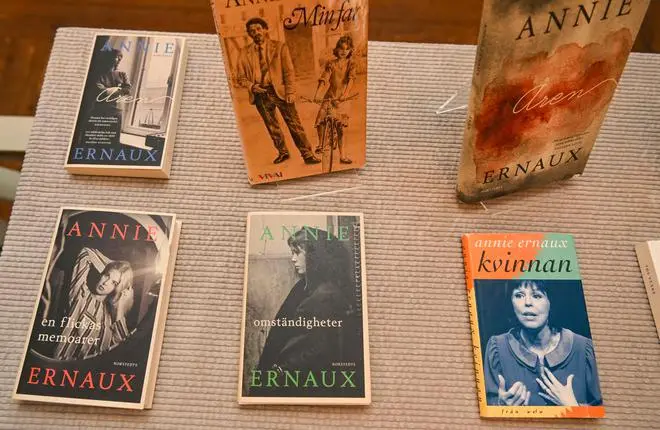 Books by Annie Ernaux are on display at the Swedish Academy after the Nobel announcement. Books by Annie Ernaux are on display at the Swedish Academy after the Nobel announcement.