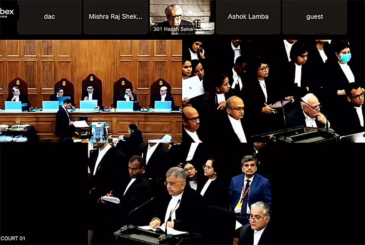 Solicitor General Tushar Mehta speaks in the presence of the five-judge Constitution bench consisting of Chief Justice of India D.Y. Chandrachud and Justices Sanjiv Khanna, B.R. Gavai, J.B. Pardiwala, and Manoj Misra during the hearing of the application of the State Bank of India seeking an extension of time till June 30 to submit the details of electoral bonds to the Election Commission of India (ECI).